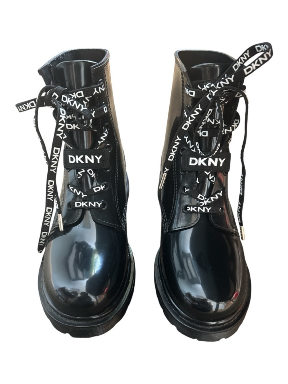 DKNY Tibby Black Vegan Patent Leather Logo Laced Combat Boho Moto Boots Sz 8 - Picture 3 of 14